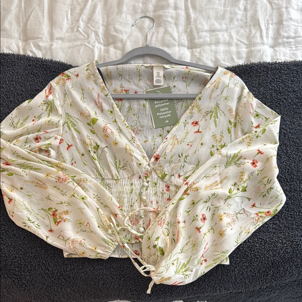 H&M Floral Blouse - White with Red and Green Accents